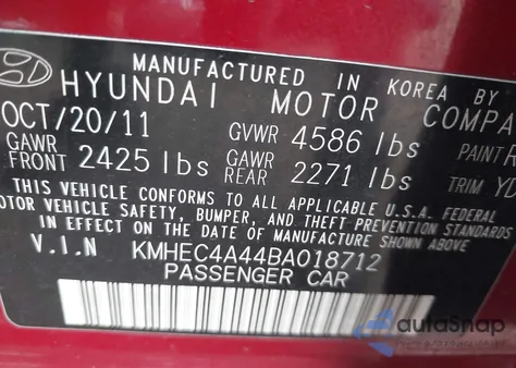 2011 Hyundai Sonata Hybrid z USA, uszkodzony, nr VIN KMHEC4A44BA018712